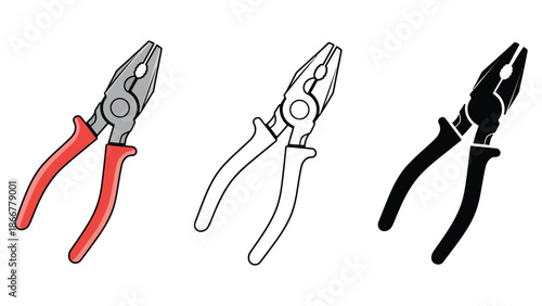 Three pairs of pliers in red, black and white, and black