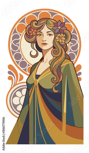 Art Nouveau Maiden: A stylized illustration presents a woman with floral hair ornaments, embodying the grace and elegance of the Art Nouveau period, framed by decorative elements.
