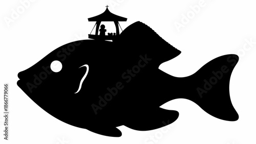 Whimsical large fish with pagoda on its back