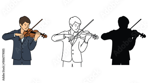 Three violinists playing in different styles and colors