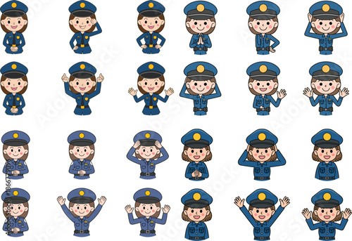 Set of cute female police officer characters in uniform with various poses and hand gestures for law enforcement