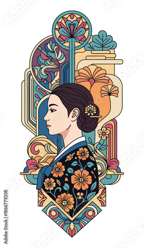 Elegant Woman in Hanbok: A portrait of a woman adorned in a traditional Korean Hanbok, embellished with intricate floral patterns, embodies grace, heritage, and timeless beauty.