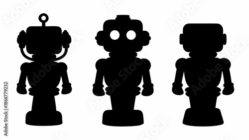 Three black robot silhouettes in different poses and designs standing
