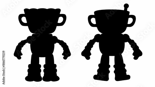 Two black robot silhouettes with cup shaped heads standing