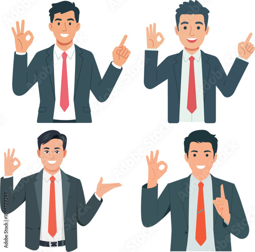 Set of professional businessman character poses showing okay sign and pointing gestures for corporate office presentation flat vector illustration