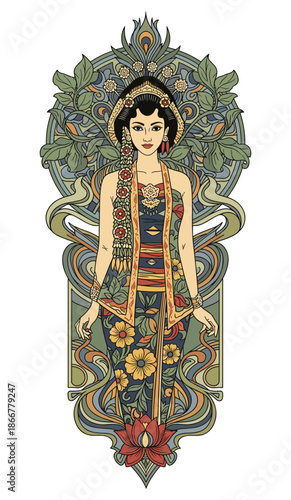 Intricate Cultural Beauty: A captivating illustration of a woman, adorned in traditional attire, embodies the richness and grace of her cultural heritage, exuding timeless beauty.