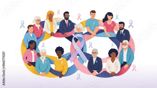 Diverse group of people sitting in a circle with cancer awareness ribbons