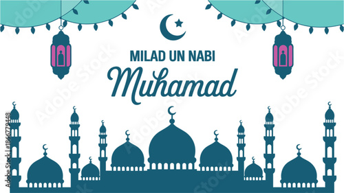 Vector Illustration Banner for Milad Un Nabi Celebration with Mosque Silhouette Crescent Moon Lanterns and Elegant Islamic Calligraphy Background