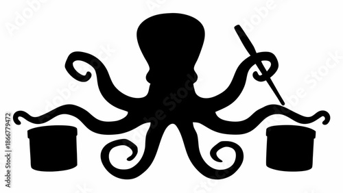 Octopus playing drums with paintbrush in tentacle