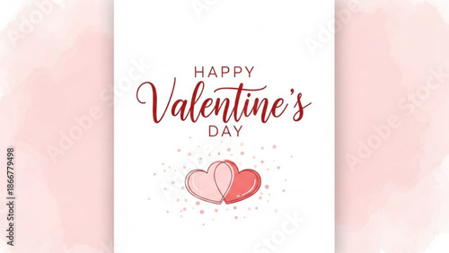 Happy valentines day greeting card with two pink hearts on white background