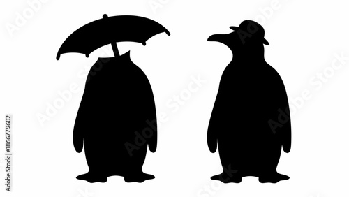 Two penguins standing in black silhouette on white background