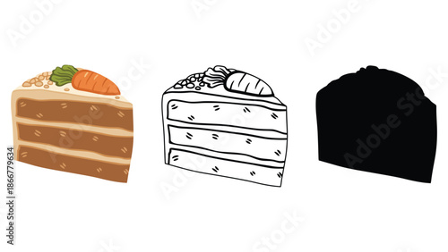 Delicious carrot cake slices in color and line art