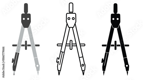 Set of three drafting compasses in different colors