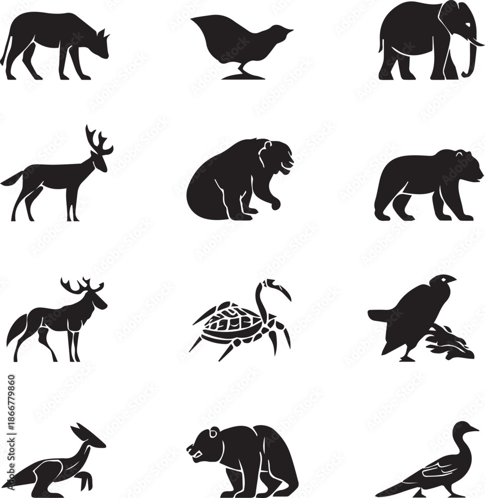 Fototapeta premium Minimalist Black Wildlife Silhouettes for Logo Design