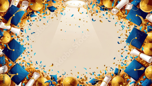 Festive Graduation Background with Caps, Diplomas, and Confetti for Celebration Designs
