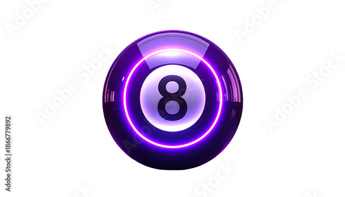 Shiny, futuristic, purple-glowing eight ball on a stark black background