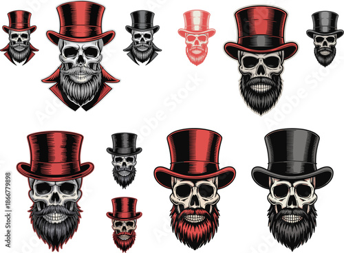 Vector Illustration Set of Bearded Skull Characters Wearing Red and Black Top Hats for Gothic Tattoo Branding Designs