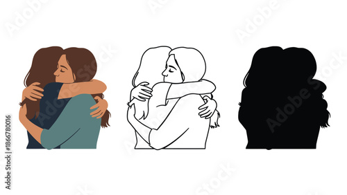 Women sharing warm embrace in three different styles
