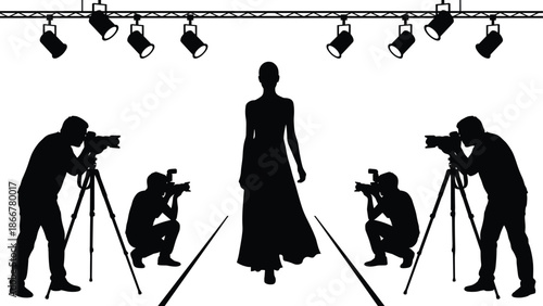 Fashion, runway, silhouette, model, walking, on, catwalk, with, photographers, cameras, studio, lights, fashion, show, event, black, white, vector, illustration, design