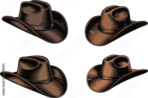 Vector Illustration Set of Brown Cowboy and Western Hats in Hand Drawn Style for Wild West and Fashion Concepts