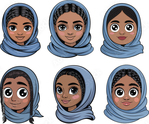 Vector Illustration Set of Cute Girl Avatars Wearing Blue Hijabs and Headscarves for Islamic Fashion and Diversity Concepts
