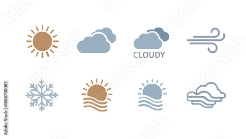 Weather icons for sunny cloudy windy and snowy conditions