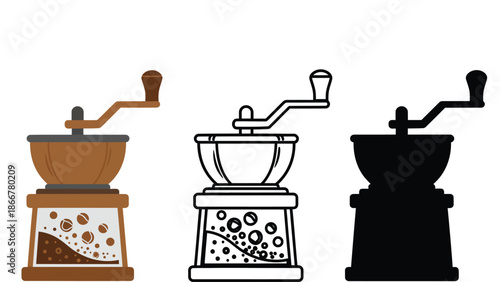 Vintage coffee grinders in different styles and colors