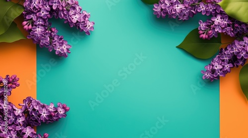 Floral Frame with Lilac Flowers, Green Leaves, and Teal and Orange Background, Perfect for Springtime Greetings