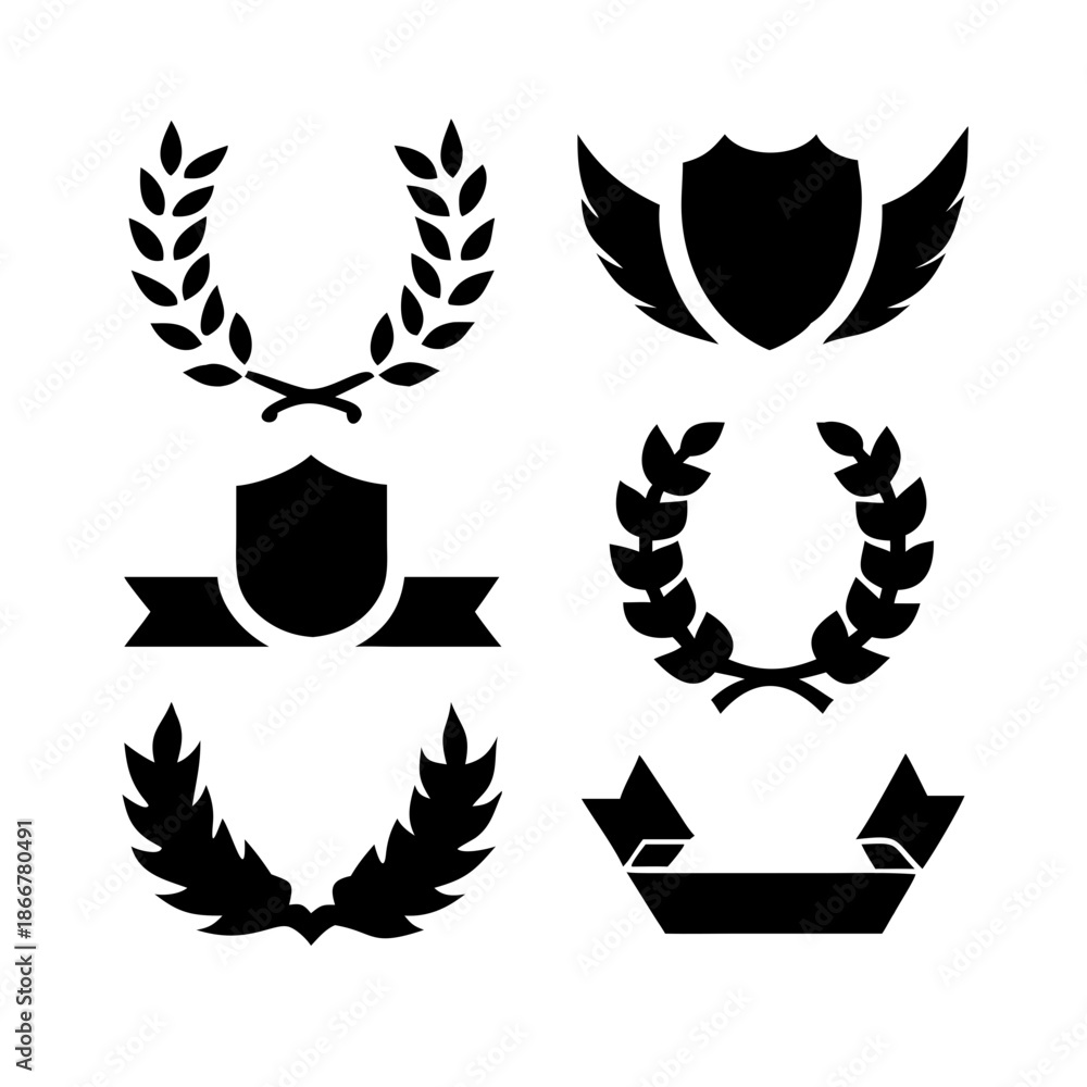 Obraz premium Laurel wreath, shield, wing, ribbon, and banners vector set. Laurel wreaths, shields, wings, ribbons illustration for awards, heraldry, logos, badges, and branding designs 