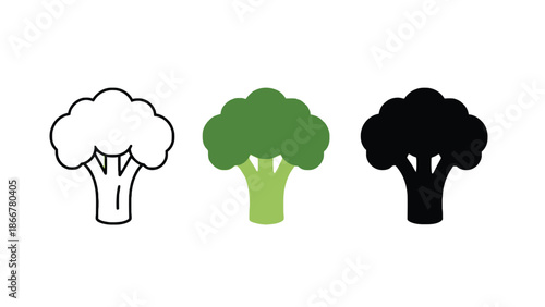 Broccoli vegetable icons in white, green, and black colors