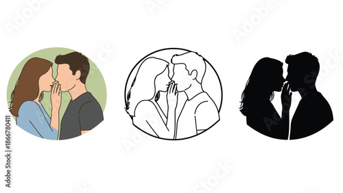 Couple sharing intimate romantic kisses in various styles
