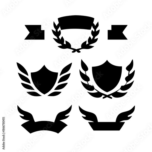 Laurel wreath, shield, wing, ribbon, and banners vector set. Laurel wreaths, shields, wings, ribbons illustration for awards, heraldry, logos, badges, and branding designs 