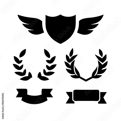 Laurel wreath, shield, wing, ribbon, and banners vector set. Laurel wreaths, shields, wings, ribbons illustration for awards, heraldry, logos, badges, and branding designs 