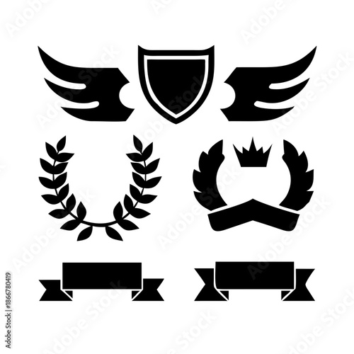 Laurel wreath, shield, wing, ribbon, and banners vector set. Laurel wreaths, shields, wings, ribbons illustration for awards, heraldry, logos, badges, and branding designs 
