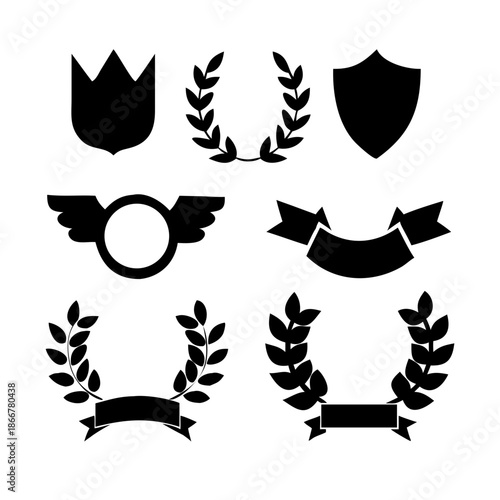 Laurel wreath, shield, wing, ribbon, and banners vector set. Laurel wreaths, shields, wings, ribbons illustration for awards, heraldry, logos, badges, and branding designs 