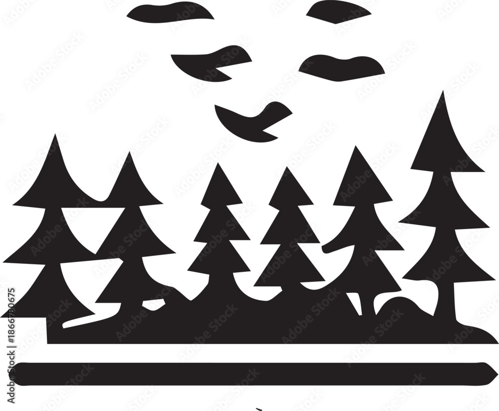 Fototapeta premium Peaceful Forest Landscape With Flying Birds Silhouette