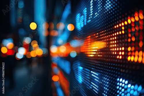 Close-up of a digital stock market display with blurred city lights in the background (1)