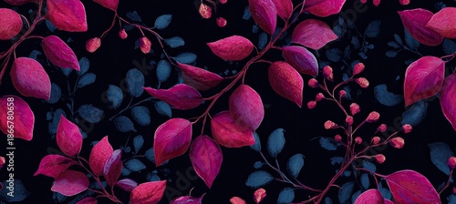 Seamless botanical pattern featuring magenta and teal leaves against a dark, moody background