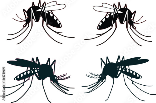 Vector Illustration Set of Mosquito Silhouettes and Outlines for Malaria Prevention Health Education and Pest Control Industry Concepts