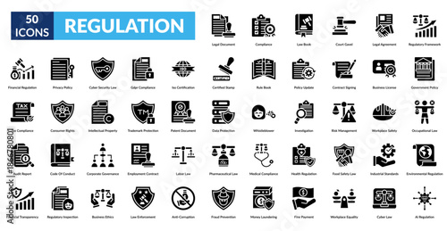 regulation glyph icon set. Blueprint, Skyscraper, Bridge Design, Modern House, Historical Building, Construction Helmet, Floorplan Layout