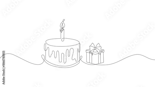 Continuous one line drawing of a birthday cake with a present box vector.