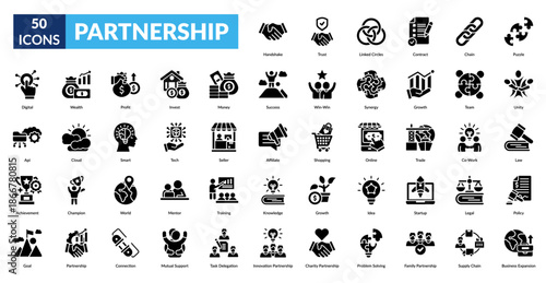 partnership glyph icon set. Home, Search, Gear, User Profile, Notification, Message, Menu