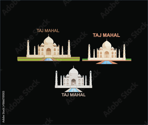 Vector Illustration Set of Taj Mahal Landmark in Various Styles with Decorative Text for India Travel and Architecture
