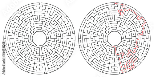 Adult Circular Maze Game - Complex Maze Game Flat Vector Black and White Outline Illustration for Kdp.