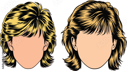 Vector Illustration Set of Women's Blonde Feathered Layered Hairstyles with Facial Outlines for Beauty Salon and Fashion Branding
