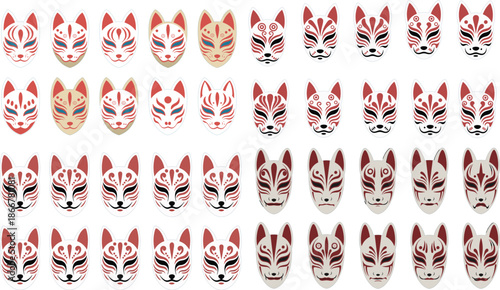 Vector Illustration Set of Traditional Japanese Kitsune Fox Masks with Red and White Patterns for Asian Cultural Designs