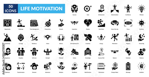 life motivation glyph icon set. Solar Panel, Sun, Battery, Farm, Car, Water Heater, Phone Charger