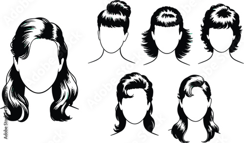 Vector Illustration Set of Women's Hairstyles and Portrait Outlines in Black and White Line Art for Beauty Salon Branding