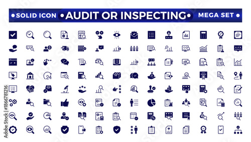 Audit or Inspecting icons set in solid design. Pack of inspection, hire, calculation money, coaching, protection, cooperation, success, task, and other pictograms, solid icons.