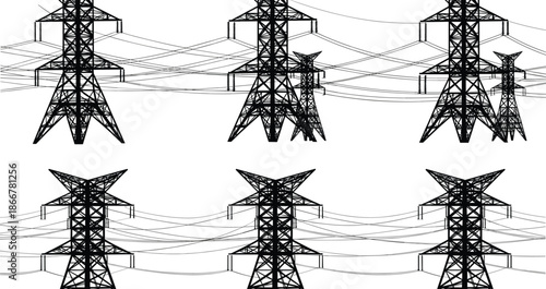 Black silhouette set of electric transmission towers and high voltage power lines for industrial energy infrastructure design on white background.